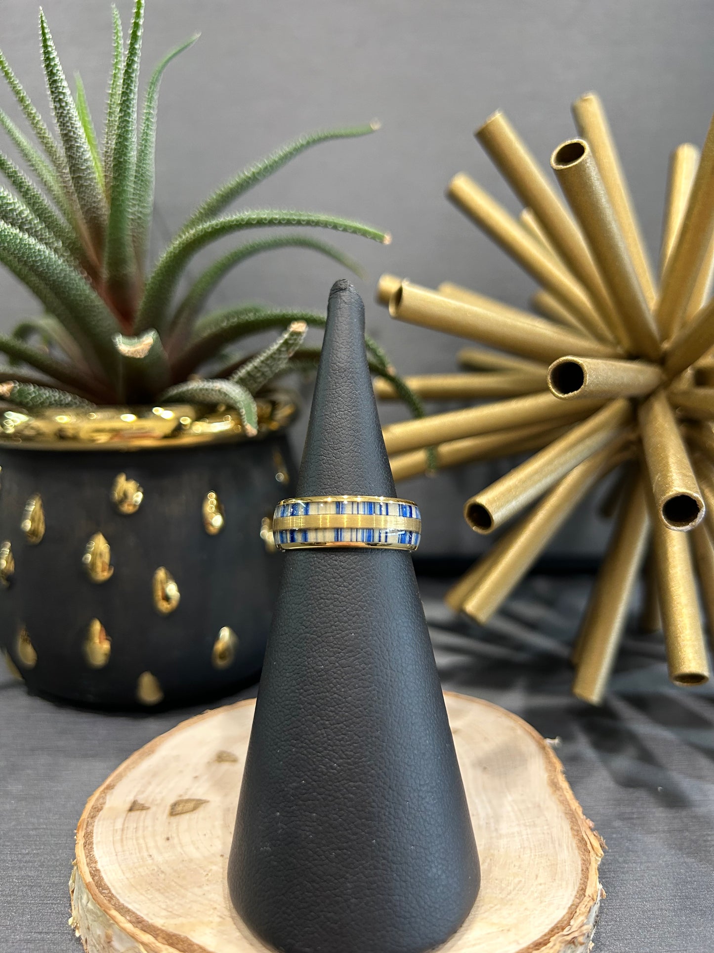 Tungsten 8mm Blue Bamboo Yellow Plated Band