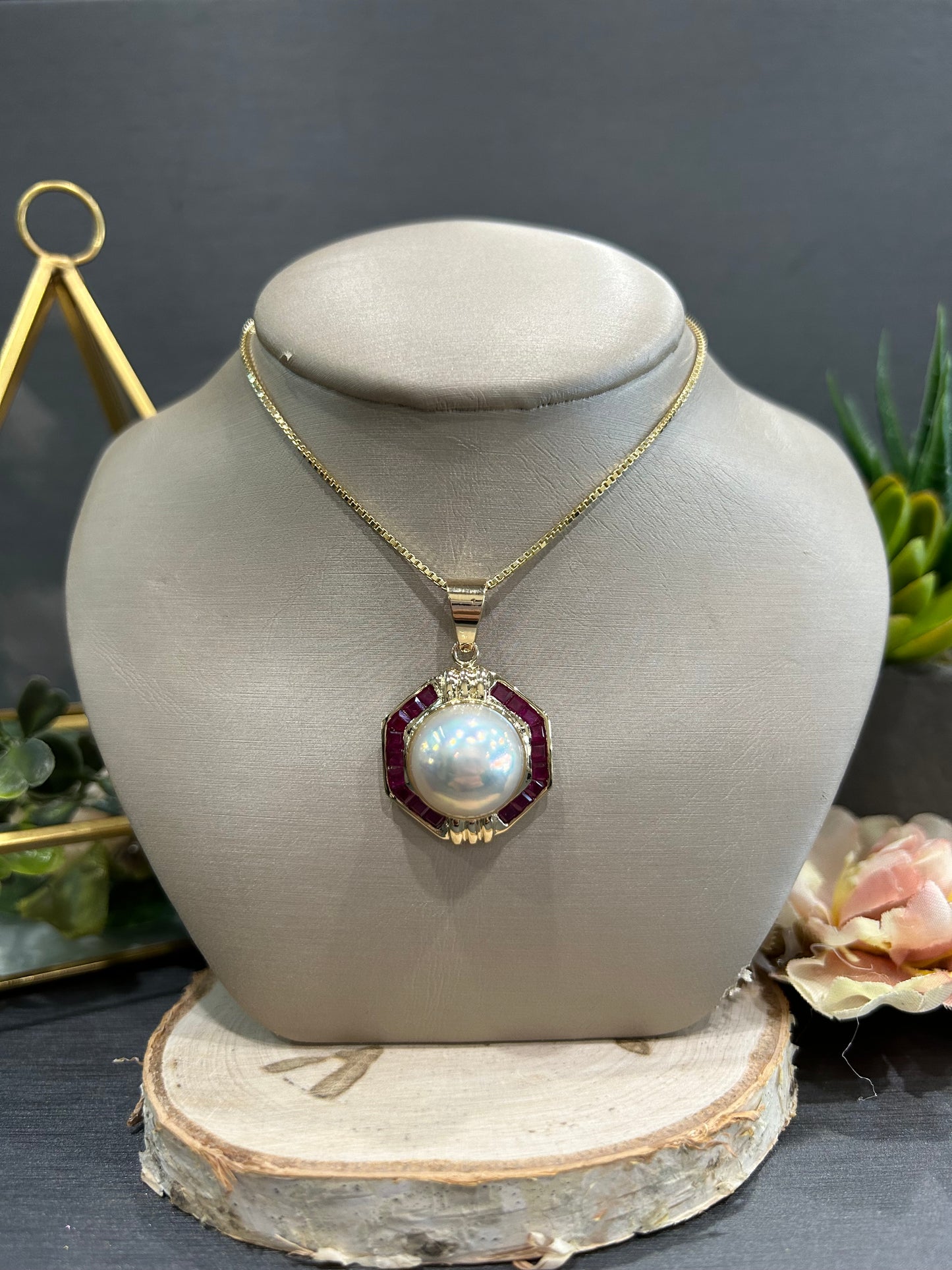 14k Yellow Gold 14.5mm Pearl and Princes Ruby Pendant