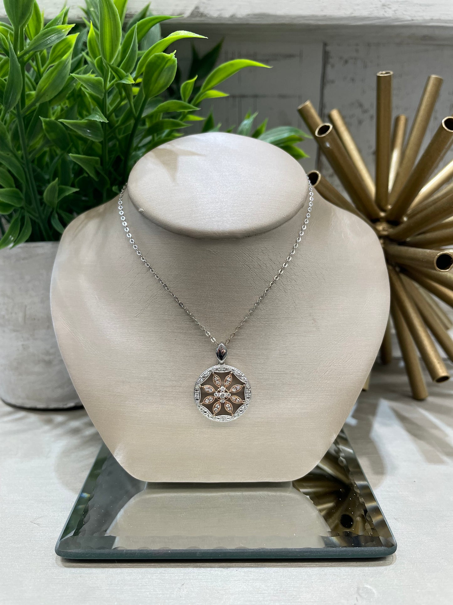 10k Two-Tone 0.30ctw Diamond Flower Disc Pendant