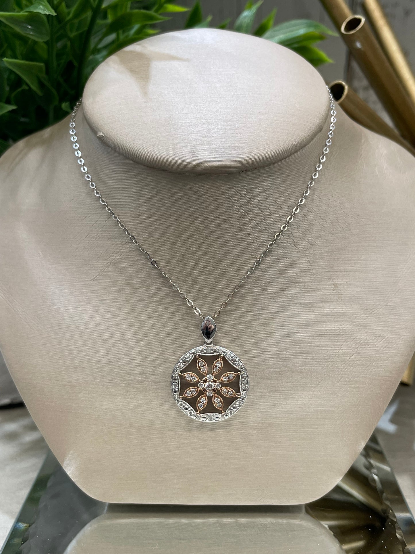 10k Two-Tone 0.30ctw Diamond Flower Disc Pendant