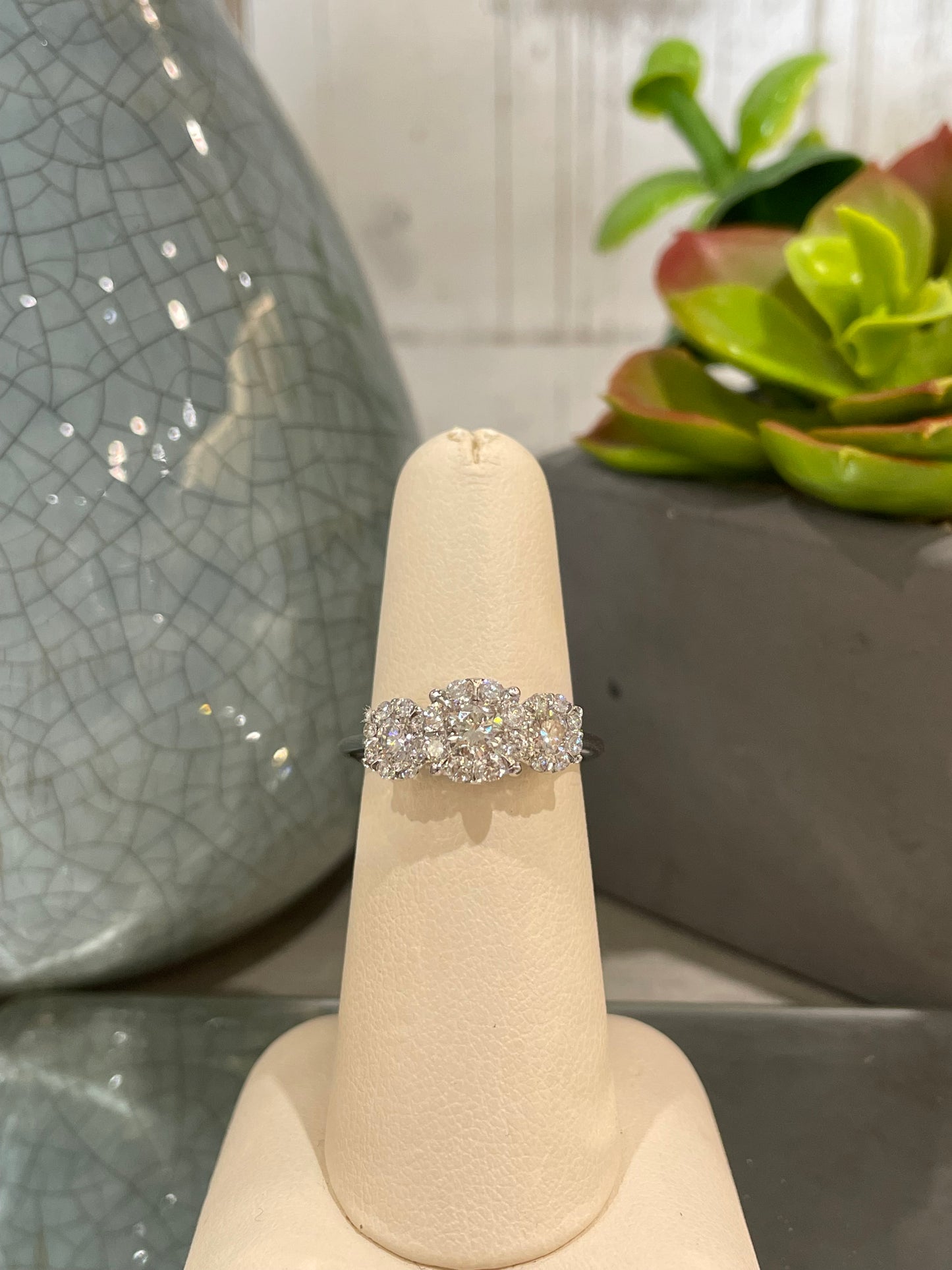 10k White Gold 1.10ct Diamond Three Stone Cluster Engagement Ring