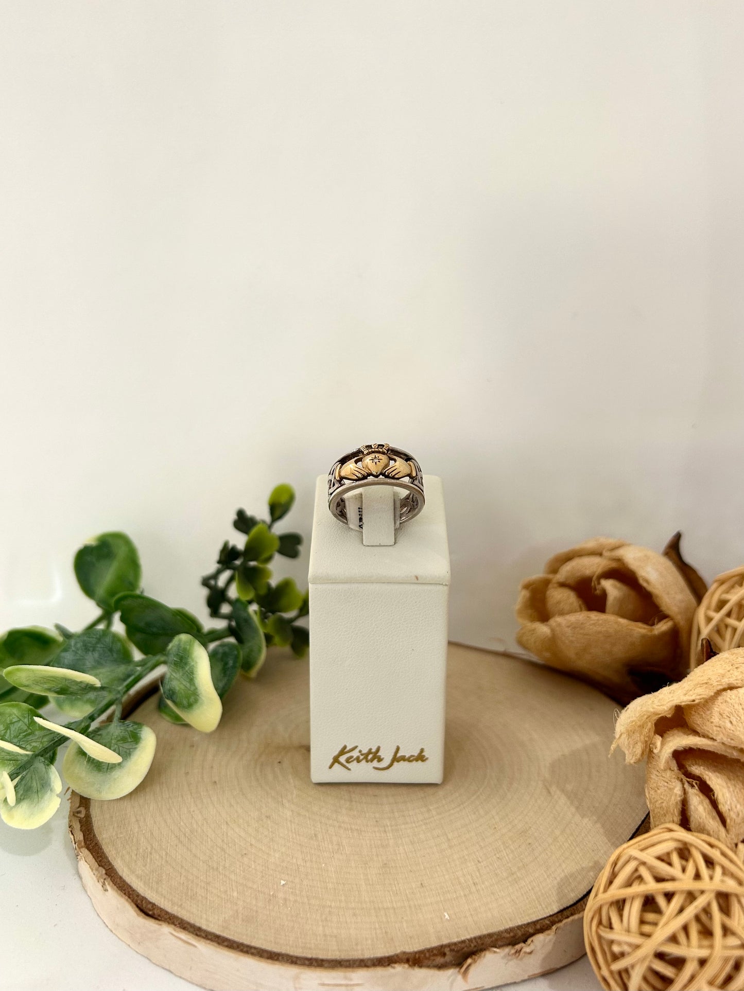 Silver and 10k Yellow Gold Diamond Claddagh Ring