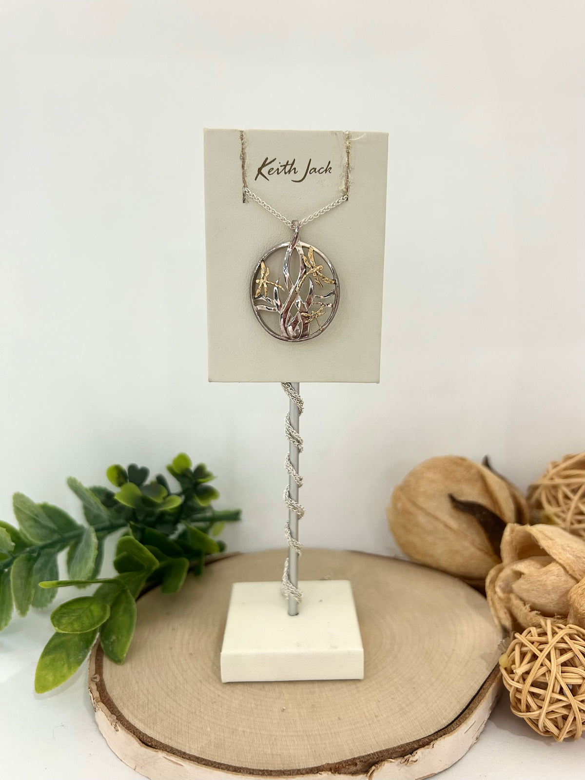 Silver and 10k Yellow Gold Dragonfly in Reeds Pendant