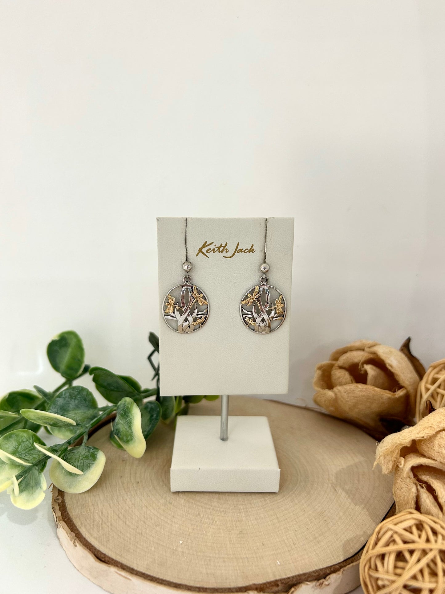 Silver and 10k Yellow Gold Dragonfly in Reeds Earrings