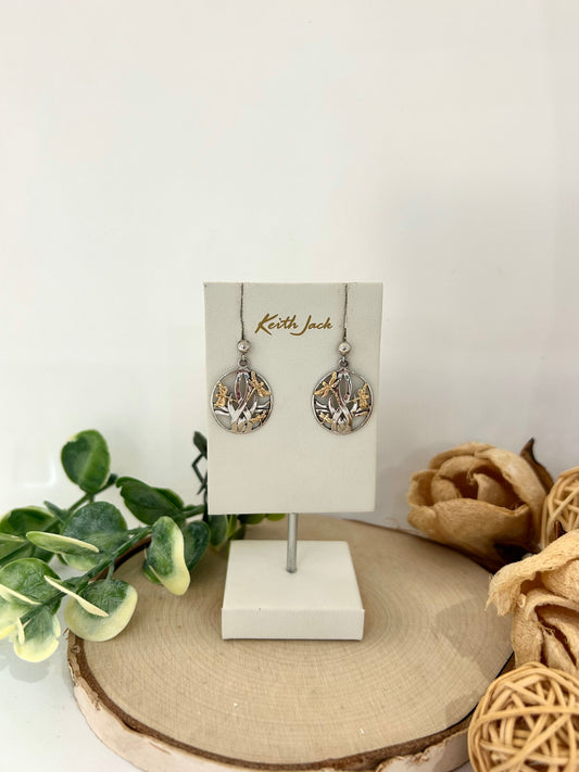 Silver and 10k Yellow Gold Dragonfly in Reeds Earrings