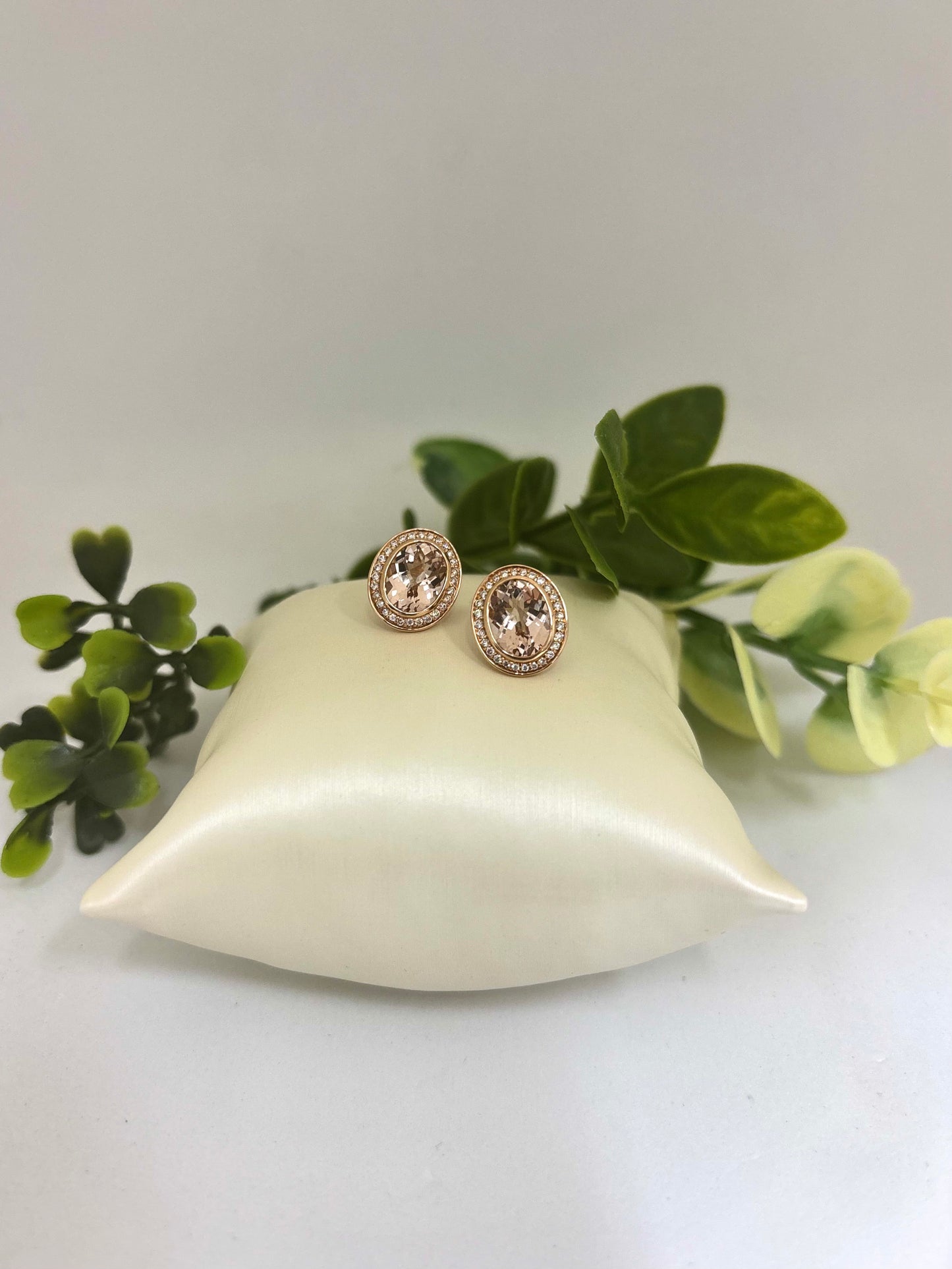 14k Rose Gold Oval Halo Morganite Max Strauss Stud Earrings
