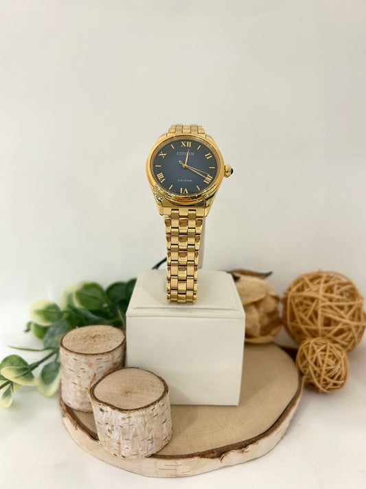 Women's Citizen Eco Drive Gold Plated Blue Face Watch with Metal Band