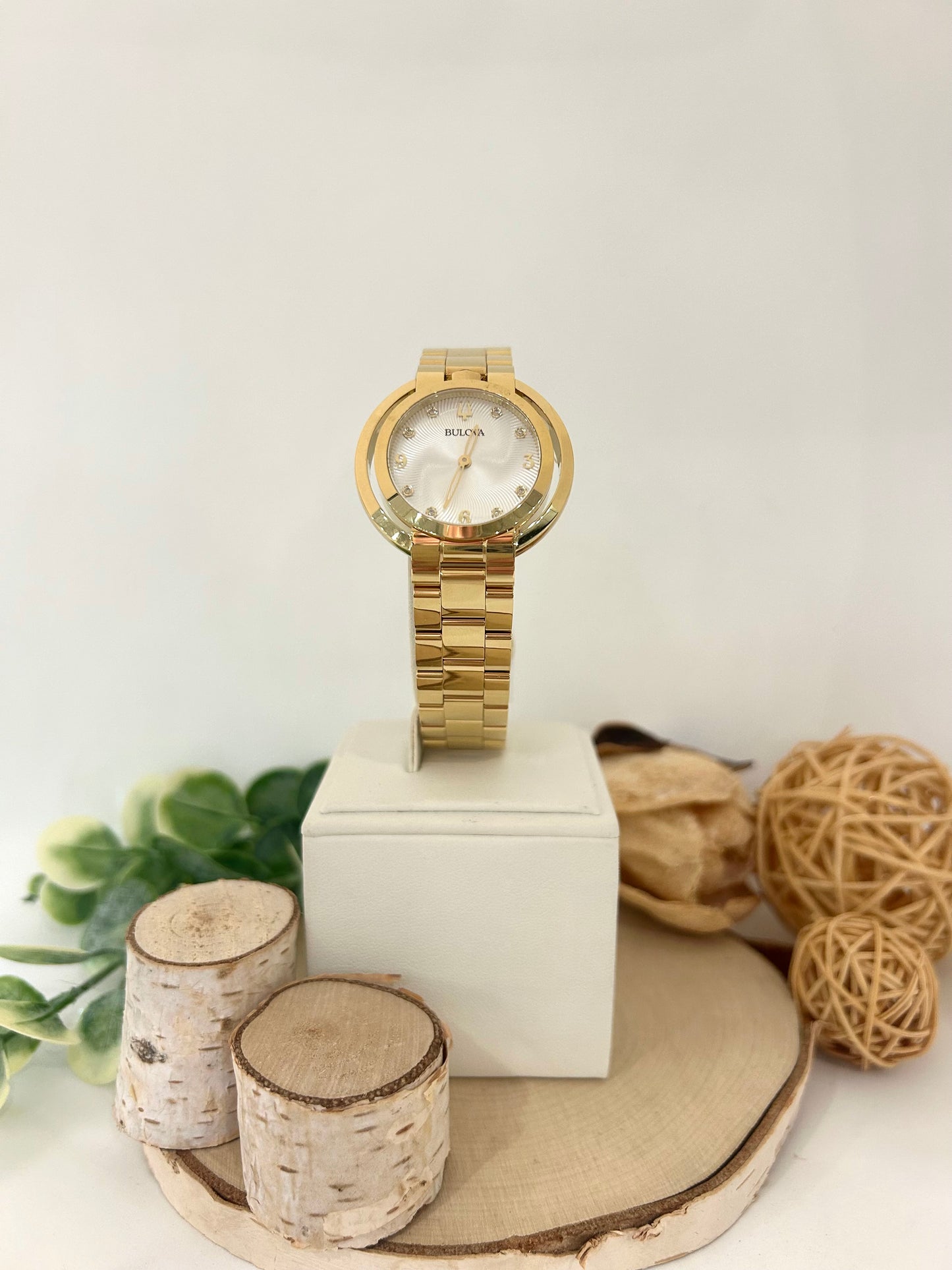 Women's Bulova Gold Plated Double Curved Watch Face with Metal Band