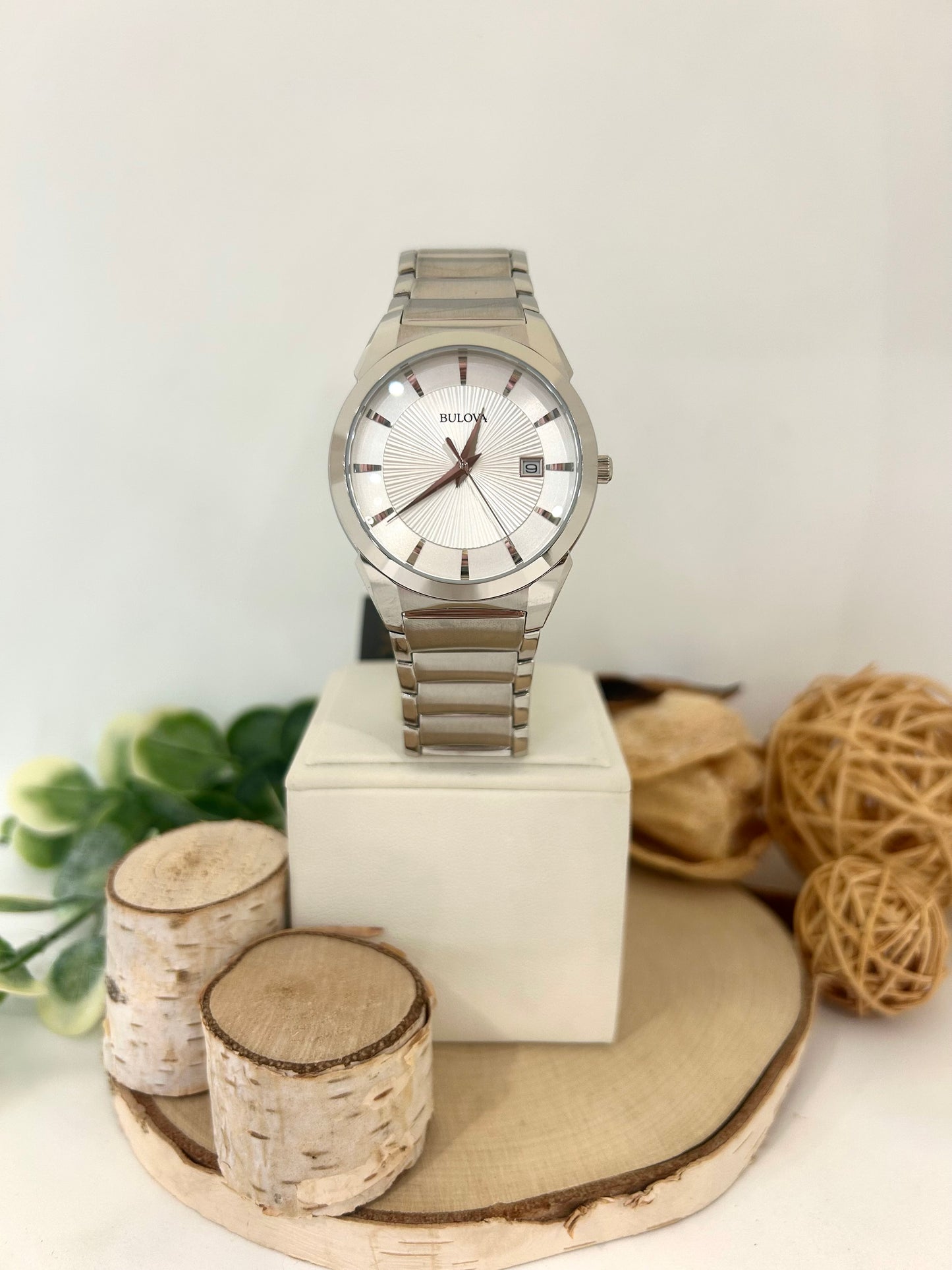 Men's Bulova Curved White Face Watch with Metal Band