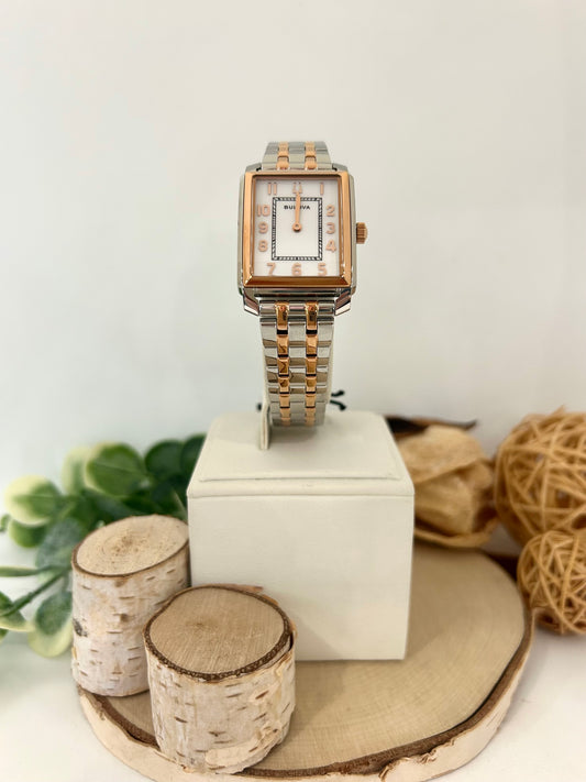 Women's Bulova Two-Tone Rectangle Face Watch with Metal Band