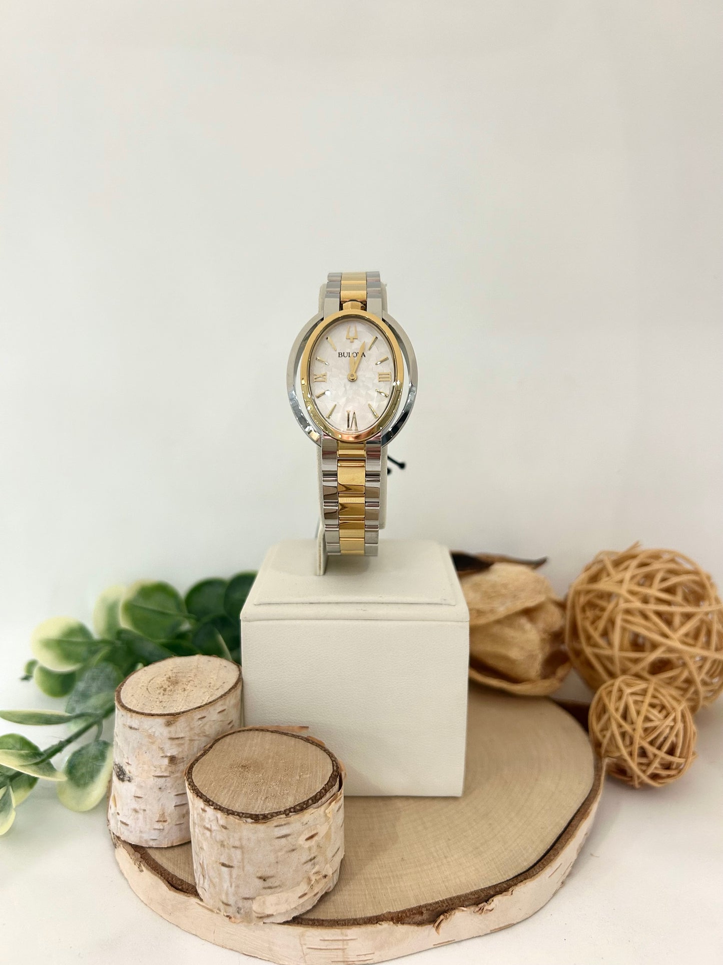 Women's Bulova Two-Tone Oval Face Watch with Metal Band