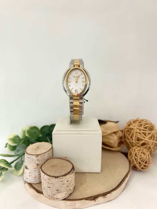 Women's Bulova Two-Tone Oval Face Watch with Metal Band
