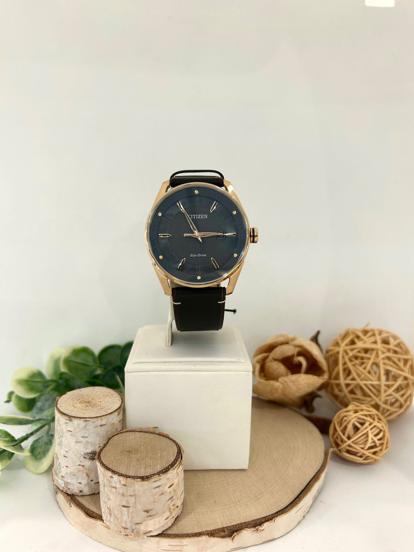 Men's Citizen Eco Drive Copper Grey Watch Face with Leather Band