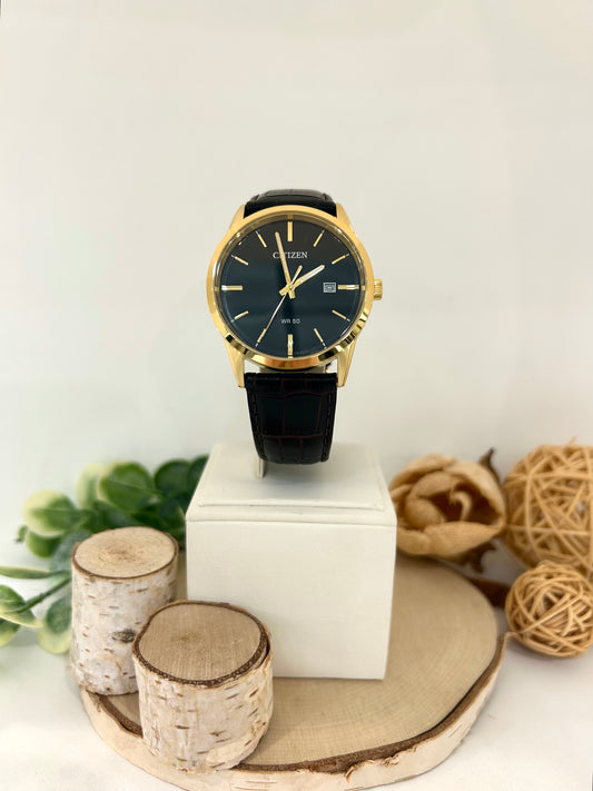 Men's Citizen Black Face Gold Dial Watch with Leather Band