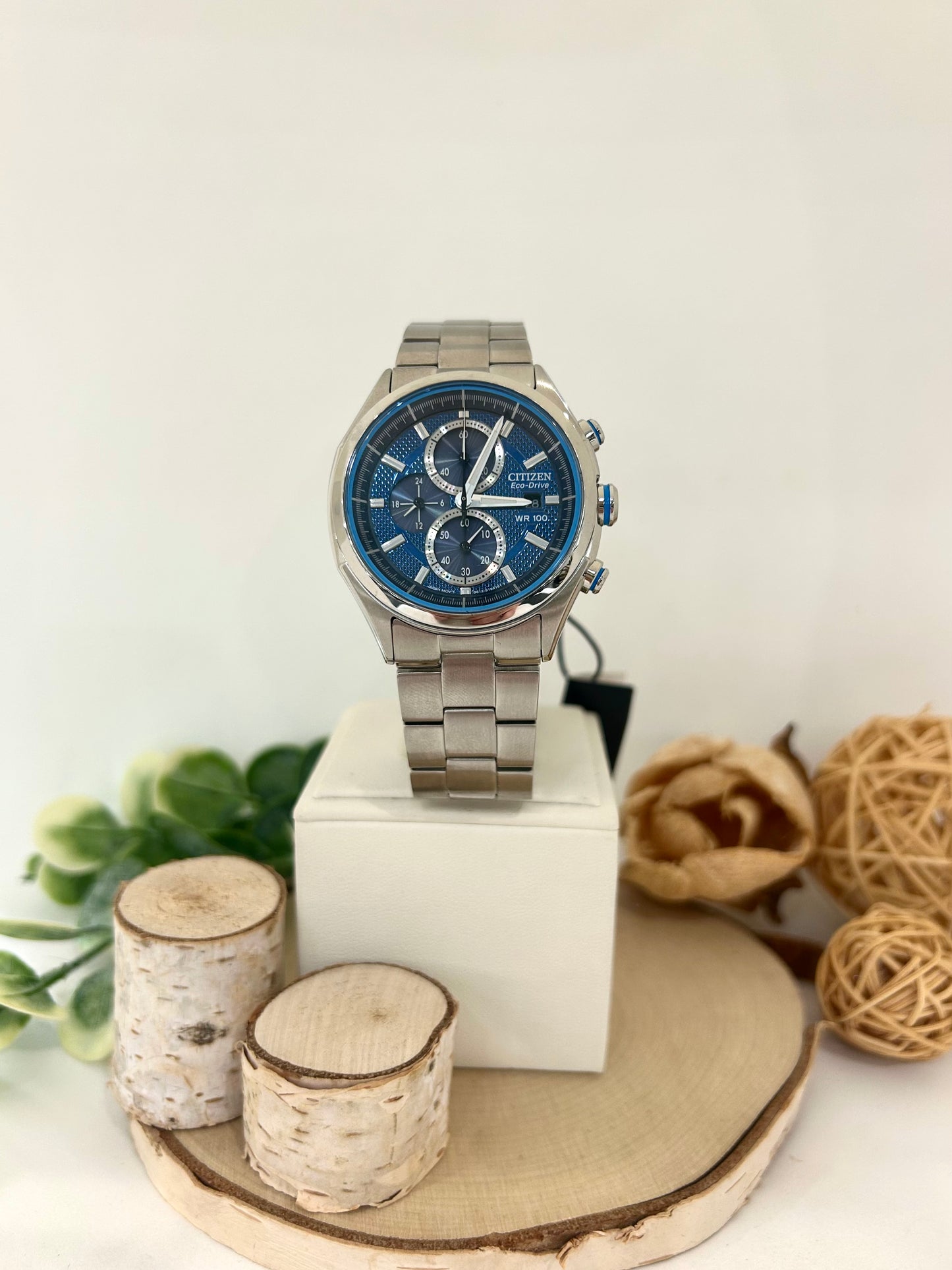 Men's Citizen Eco Drive Blue Face Watch with Metal Band