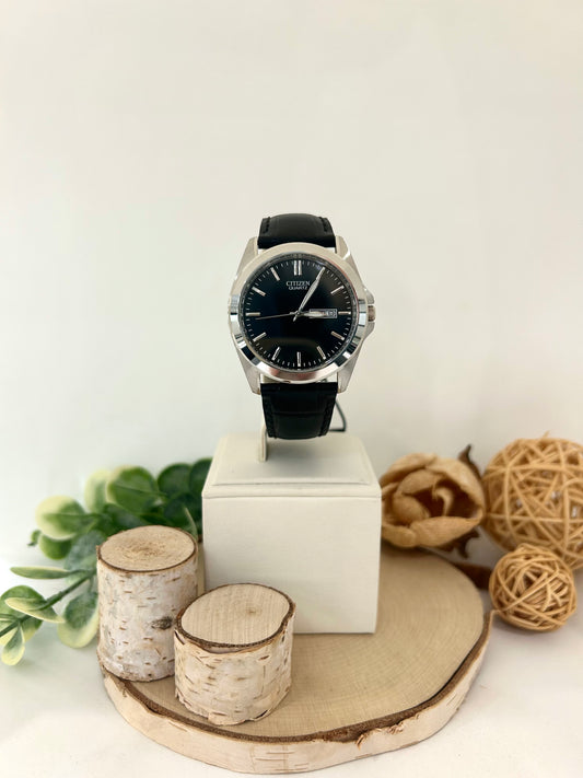Men's Citizen Black Face Silver Dial Watch with Leather Band