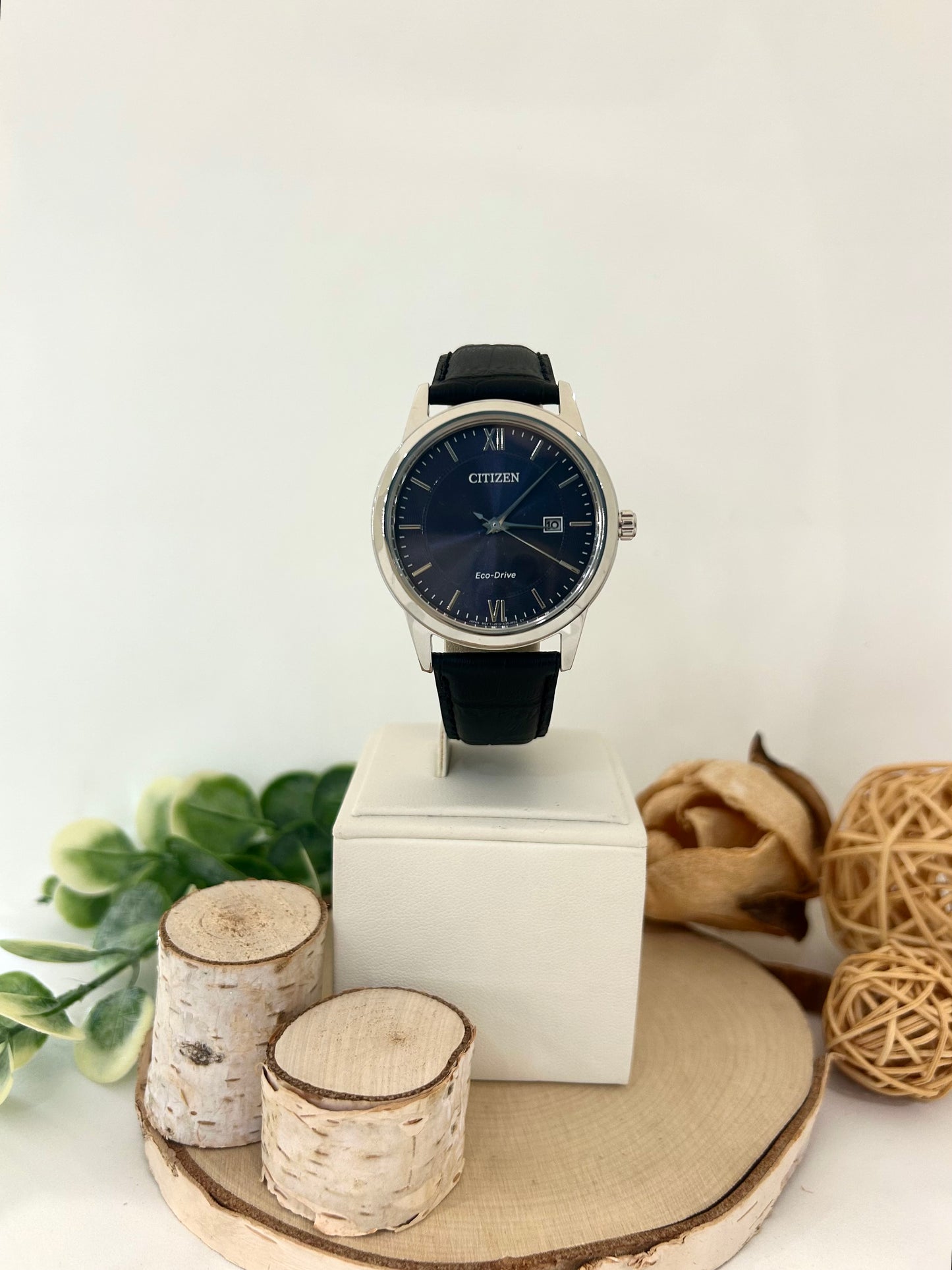 Men's Citizen Eco Drive Dark Blue Face Watch with Leather Band