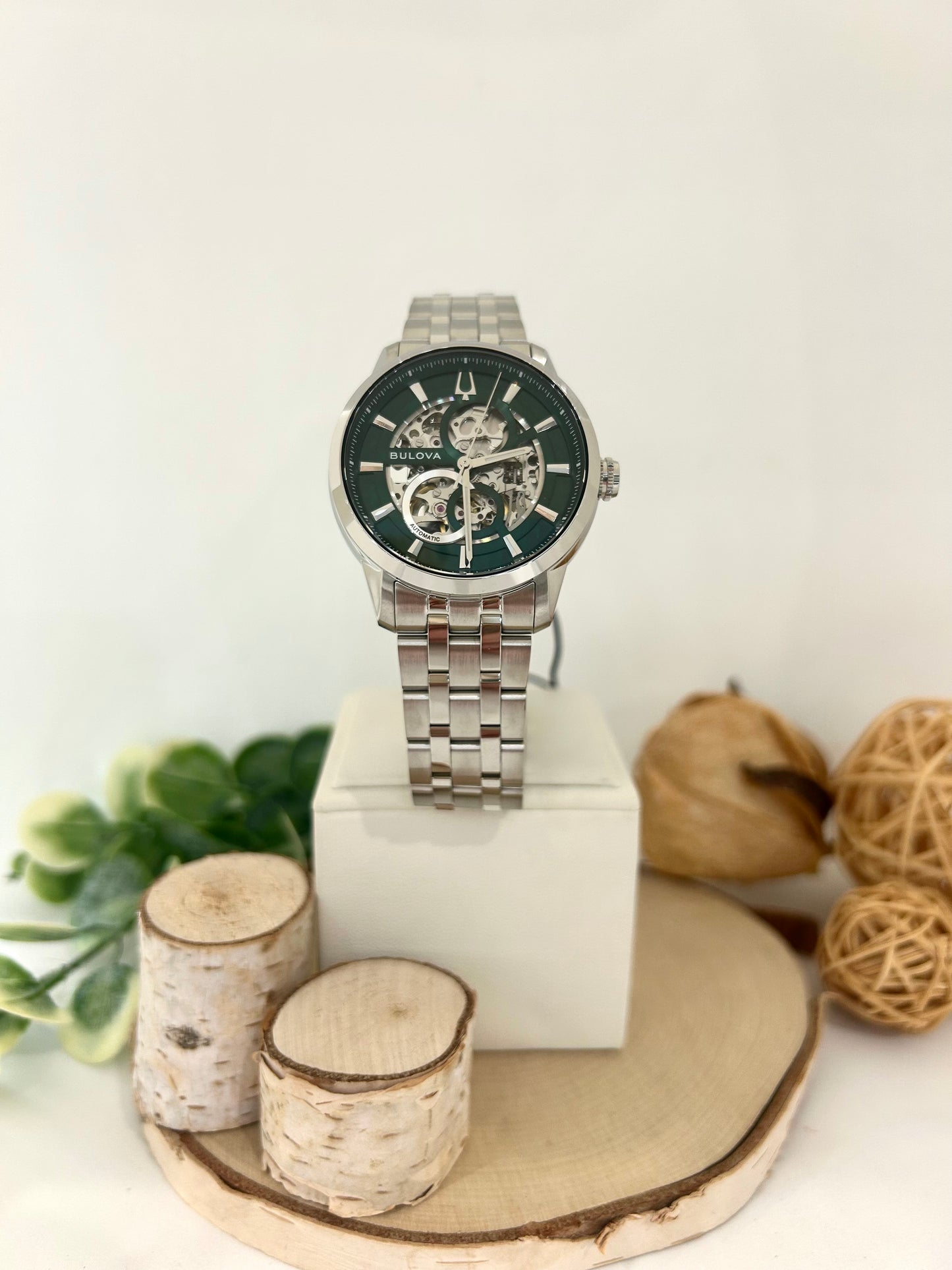 Men's Bulova Automatic Green Face Watch with Metal Band