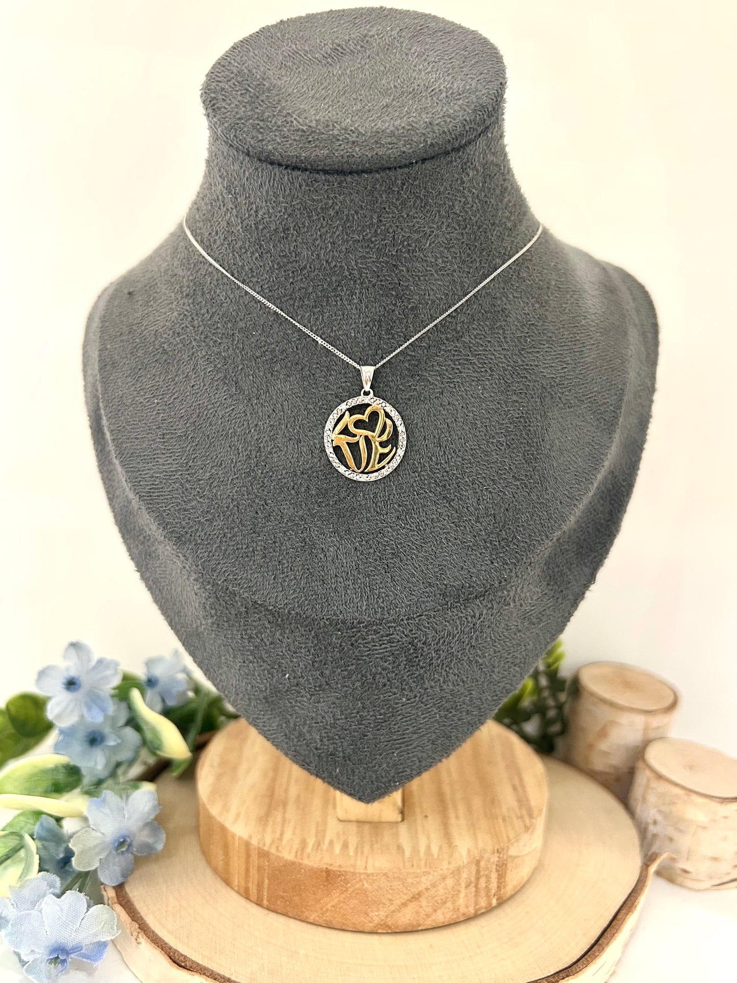 10k Two-Tone 0.05ctw Diamond ''Love'' Disc Pendant