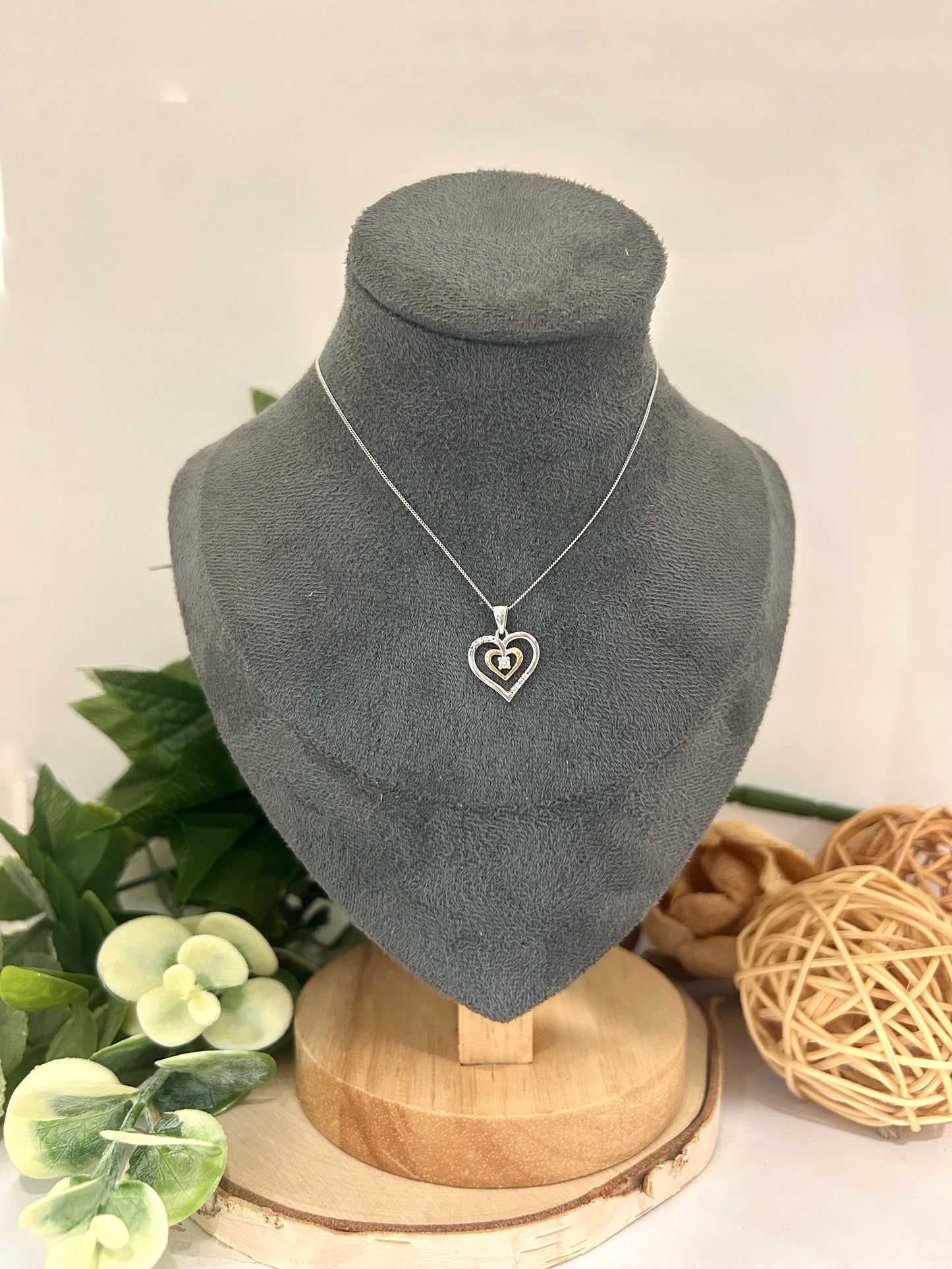 10k Two Tone 0.03ctw Diamond Double Heart Pendant