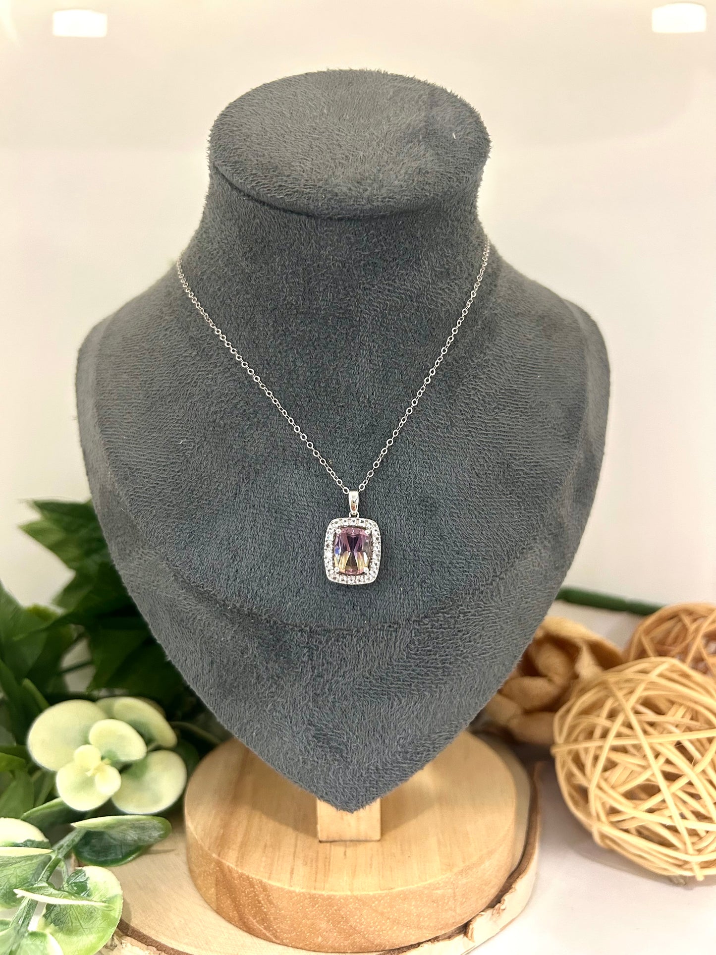 10k White Gold Rainbow Quartz Cubic Halo Pendant