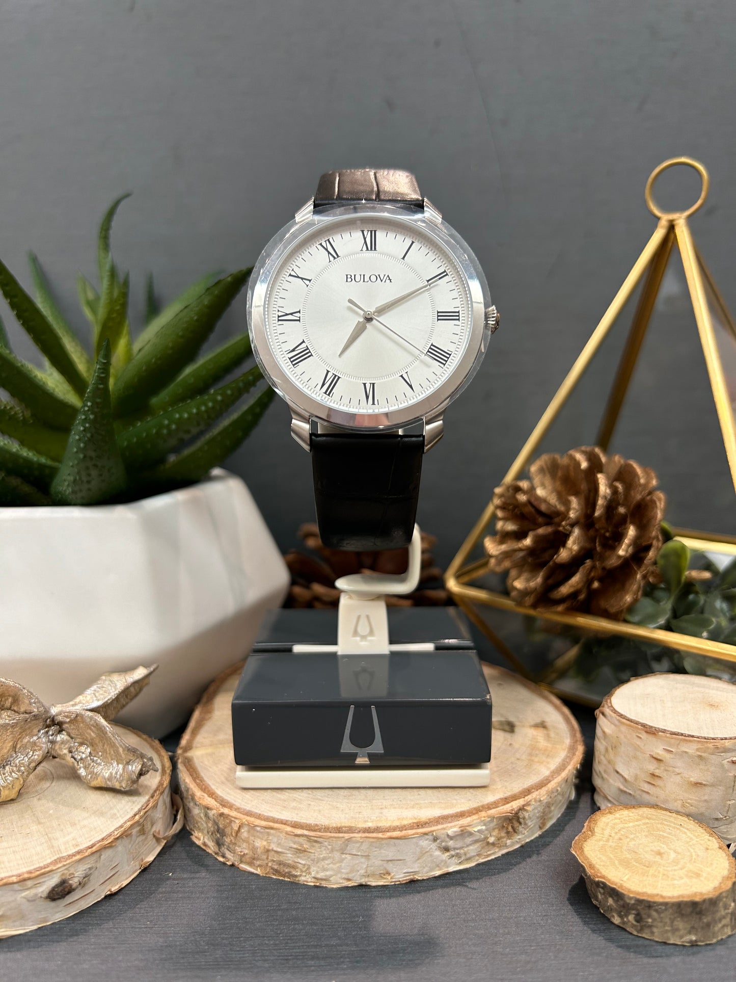 Men's Bulova White Roman Numeral Watch Face with Leather Band