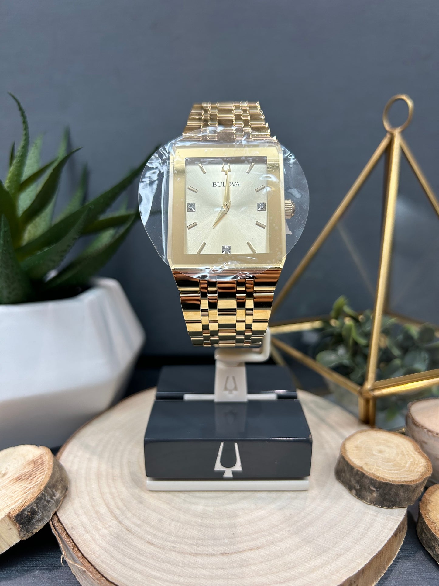 Men's Bulova Gold Tone Square Diamond Dial Watch Face with Metal Band