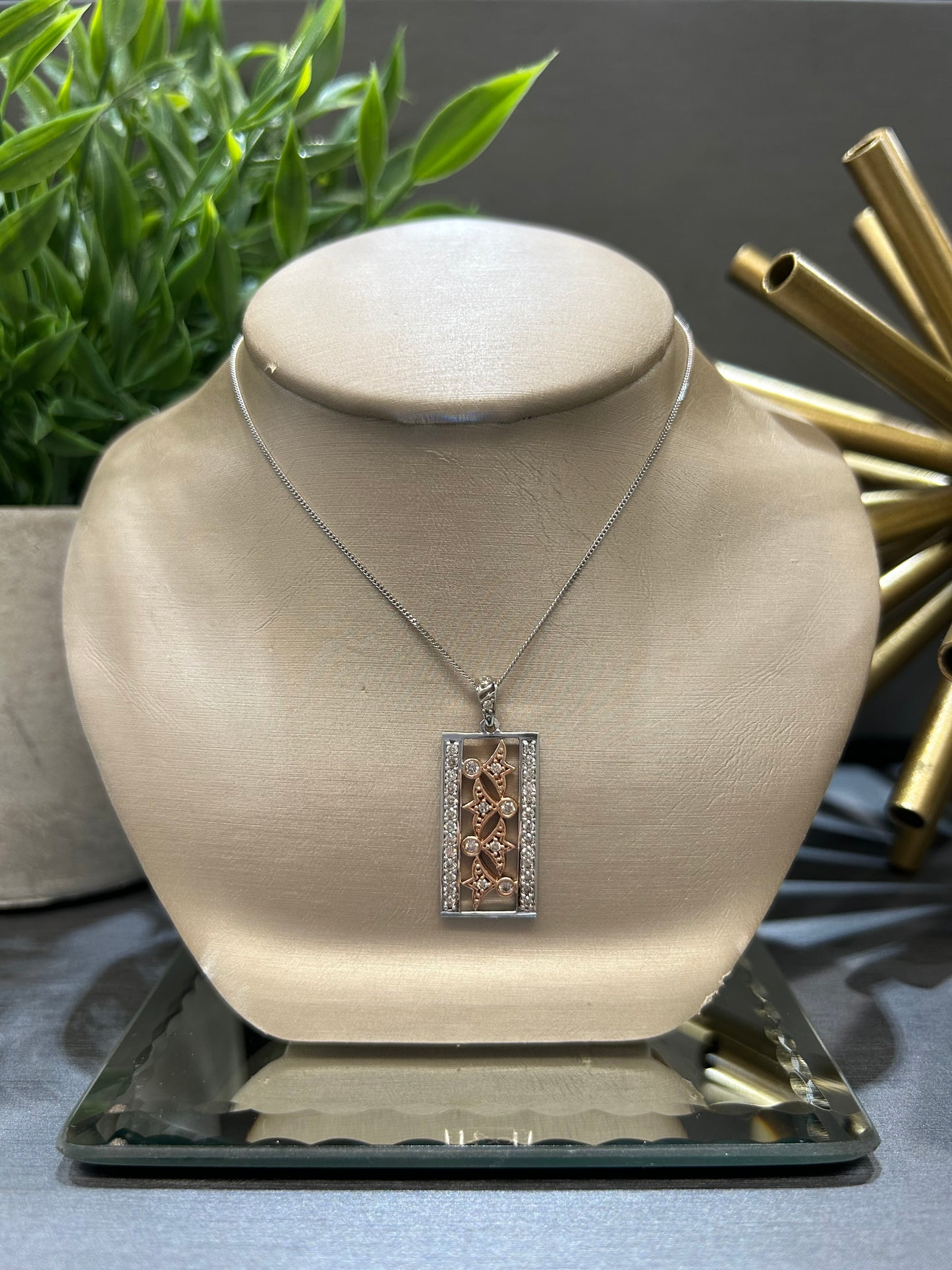 14k Two-Tone 0.54ctw Diamond Rectangle Rose Pendant
