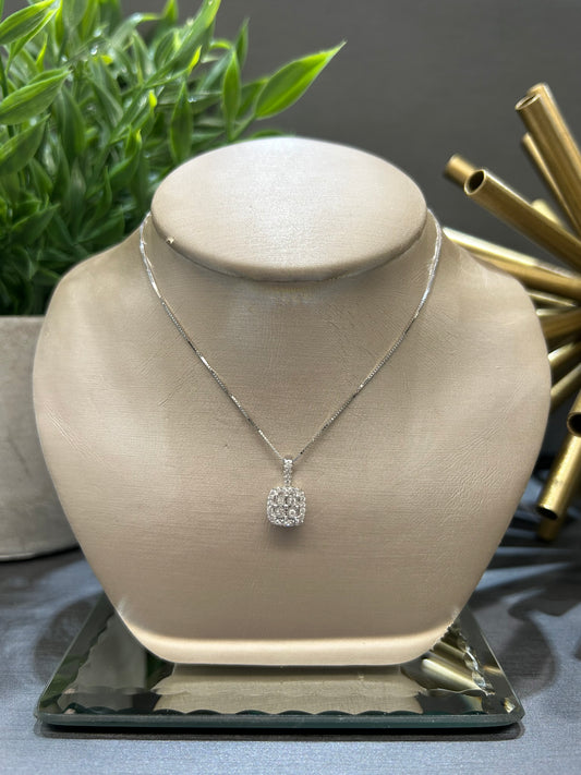 14k White Gold 0.12ctw Diamond Square Halo Cluster Pendant