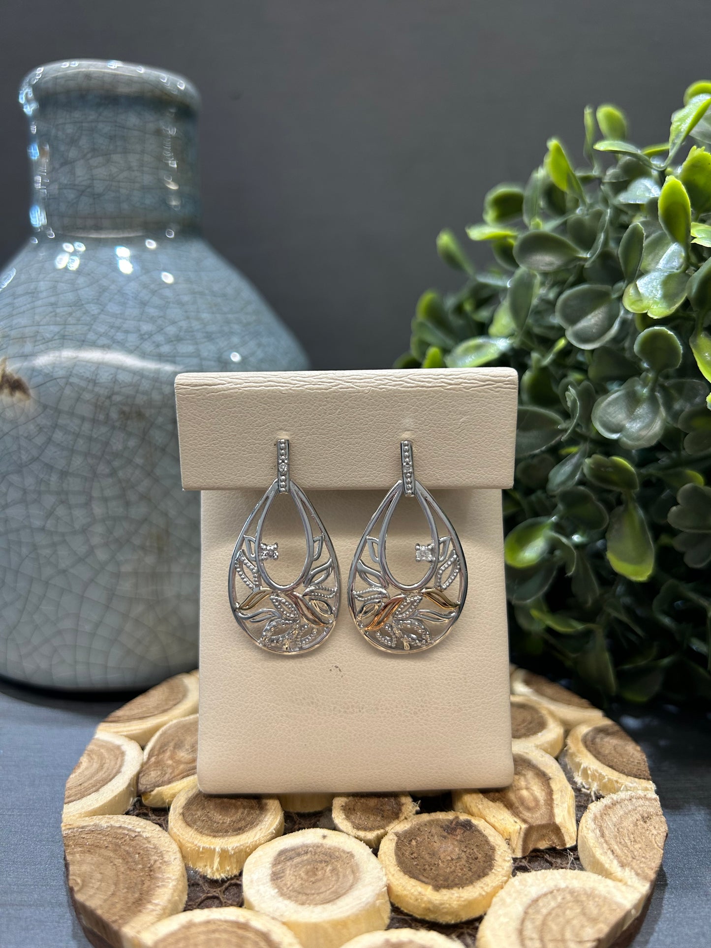 10k Tri-Gold 0.07ctw Diamond Teardrop Leaf Dangle Earrings