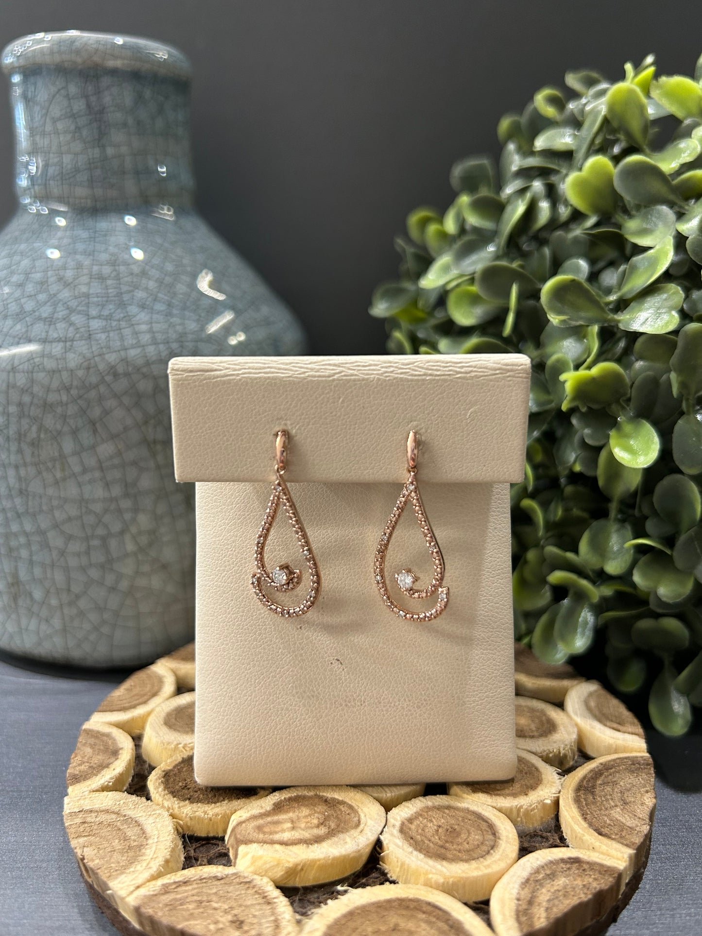 10k Rose Gold 0.12ctw Diamond Swirl Design Dangle Earrings