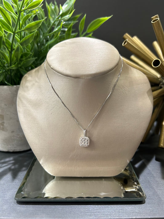 14k White Gold 0.12ctw Diamond Square Cluster Halo Pendant