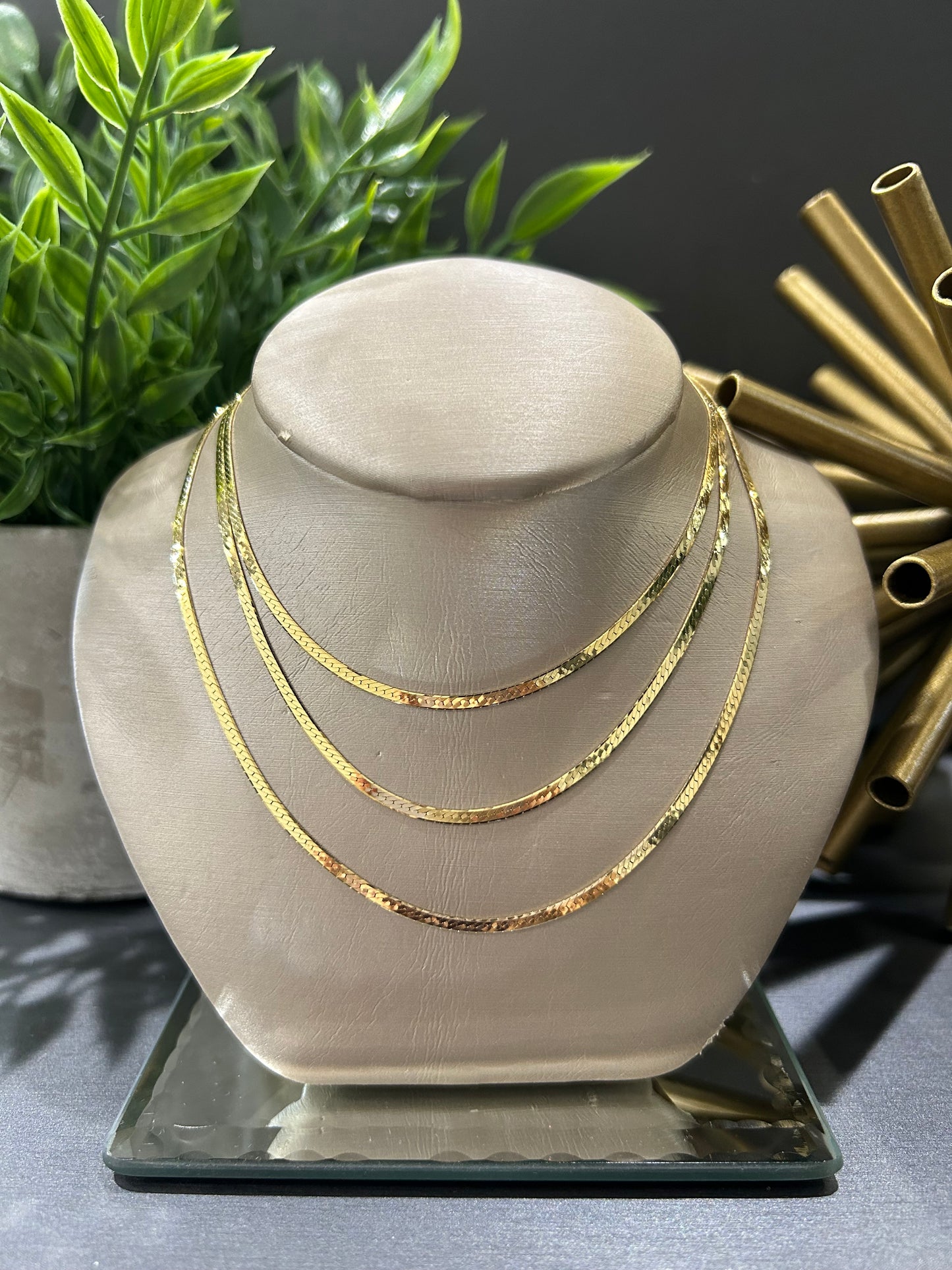 14k Yellow Gold Triple Diamond Cut Herringbone Necklace